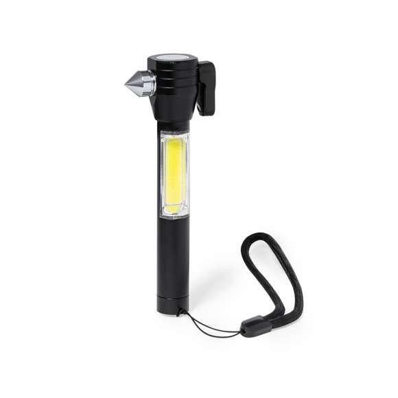 Versátil martillo de emergencia. Cuenta con tres funciones: una potente linterna con 6 luces COB alimentadas por pilas de botón (incluidas), una punta metálica rompecristales y una cuchilla cortacinturones. Zona imantada en parte superior y tira para una mejor sujeción. Presentado en caja individual kraft.