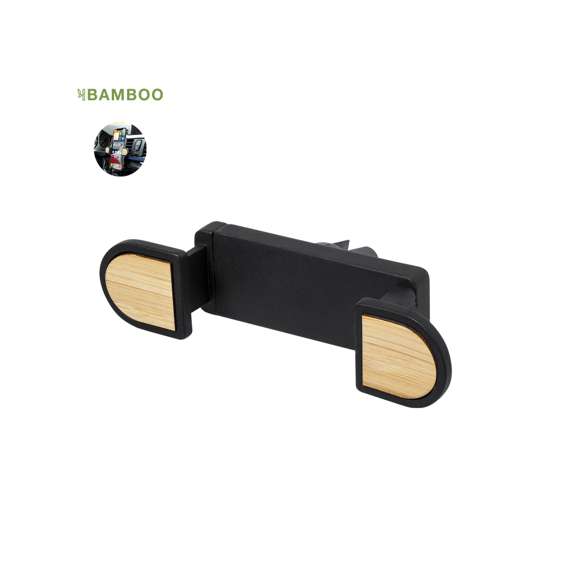 Soporte ajustable para smartphone de diseño minimalista, con base rotatoria 360º y de elegante acabado en color negro con detalles en bambú. Con sistema de fijación en rejilla de ventilación del automóvil y amplia superficie de marcaje, diseñado especialmente para tampografía. Presentado en caja de diseño kraft. Materiales como el bambú fomentan la utilización de materias primas naturales, reduciendo las emisiones contaminantes. Proviene de una planta de gran resistencia y versatilidad, con crecimiento y regeneración rápidos, siendo una excelente alternativa al uso de madera tradicional.