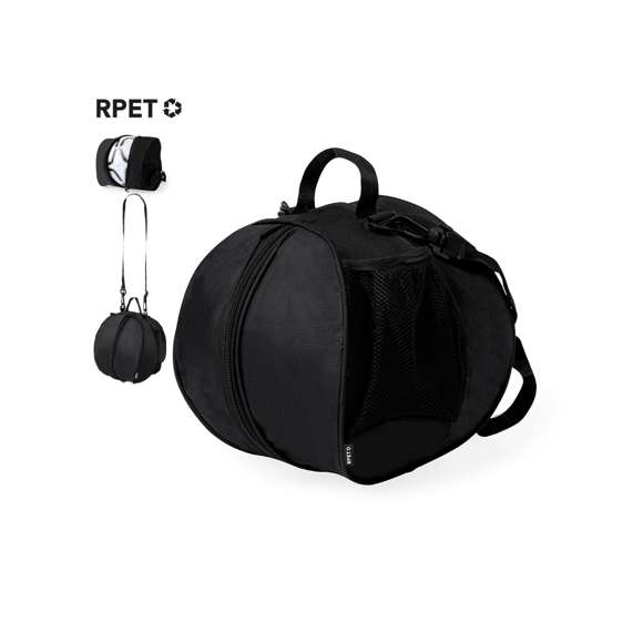 Práctica bolsa para balones fabricada en RPET. Cuenta con un compartimento central que permite guardar una pelota mediante un cierre de cremallera, siendo fácil de transportar tanto por el asa de mano como por la cinta para hombro. Además, dispone de dos bolsillos laterales de rejilla. Con logotipo RPET en etiqueta.El material RPET se elabora a partir de plástico reciclado, para así fomentar la reutilización de residuos plásticos y ayudar a la sostenibilidad del planeta.