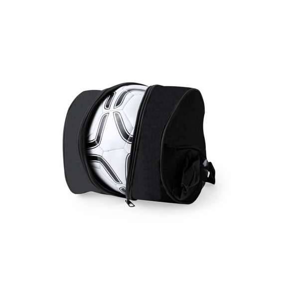 Práctica bolsa para balones fabricada en RPET. Cuenta con un compartimento central que permite guardar una pelota mediante un cierre de cremallera, siendo fácil de transportar tanto por el asa de mano como por la cinta para hombro. Además, dispone de dos bolsillos laterales de rejilla. Con logotipo RPET en etiqueta.El material RPET se elabora a partir de plástico reciclado, para así fomentar la reutilización de residuos plásticos y ayudar a la sostenibilidad del planeta.