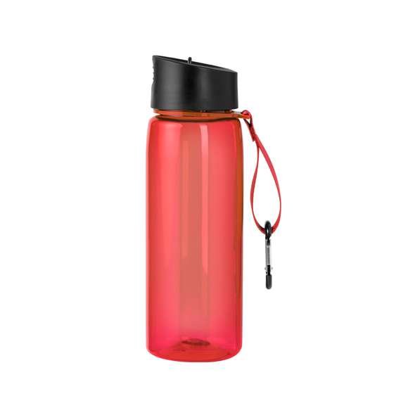 Bidón de 800 ml fabricado en resistente RPET y cuerpo de acabado transparente en variada gama de colores. Tapón negro de rosca, con dosificador y dosificador plegable. Con cinta de transporte a juego y mosquetón metálico para un cómodo transporte. Disponible en variada gama de colores.El material RPET se elabora a partir de plástico reciclado, para así fomentar la reutilización de residuos plásticos y ayudar a la sostenibilidad del planeta.