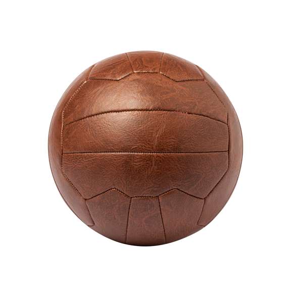 Balón de futbol de diseño retro fabricado en resistente polipiel. Con diseño inspirado en los antiguos balones de cuero y válvula reforzada con un cordón en el mismo material. Ideal para exposición o para disfrutar del juego. Presentación desinflado y en bolsa individual reciclada.