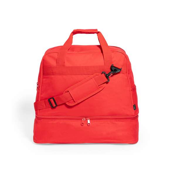 Bolso confeccionado en 600D RPET. Presenta tres compartimentos funcionales: un compartimento principal de gran capacidad con cierre de cremallera, una base con cierre de doble cremallera ideal para el calzado, y un bolsillo lateral de fácil acceso para objetos pequeños, con cierre de cremallera. Se encuentra disponible en una variada y viva gama de colores. Presentada individualmente en bolsa reciclada. El material RPET se elabora a partir de plástico reciclado, para así fomentar la reutilización de residuos plásticos y ayudar a la sostenibilidad del planeta.