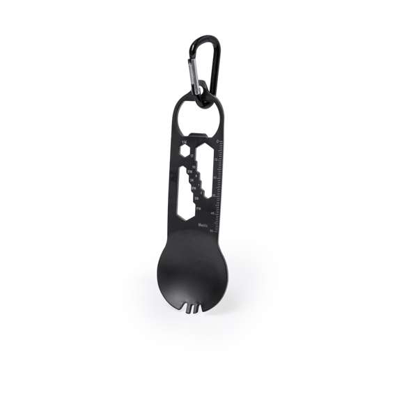 Completa multiherramienta con 16 funciones en acero inox. Incluye: mosquetón para transportarlo fácilmente, zona plana función destornillador, abrebotellas, regla de hasta 5 cm en un lateral, parte central para tuercas de 11 medidas diferentes (desde 1/4 hasta 11) y práctica cuchara con dientes para uso de tenedor. Presentada en una bolsa individual.