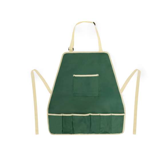 Completo set de jardinería con 7 accesorios y delantal ajustable con bolsillos. Incluye 2 palas de diferentes tamaños, dos rastrillos, un punzón, tijeras de podar y guantes para proteger las manos. Presentado en caja de diseño kraft.