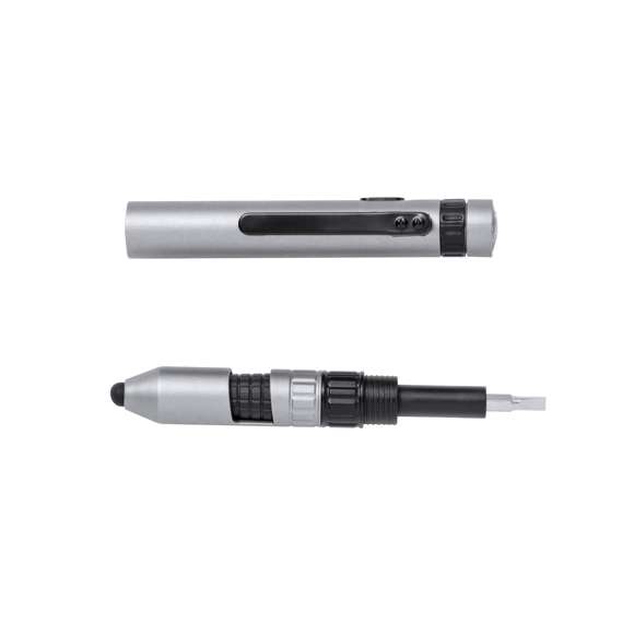 Práctico bolígrafo multifunción con 7 usos. Incluye: soporte para móvil, puntero, bolígrafo de tinta azul, linterna alimentada por pila de botón (incluida), brújula, destornillador plano y philips. Presentado individualmente en una caja de diseño kraft.