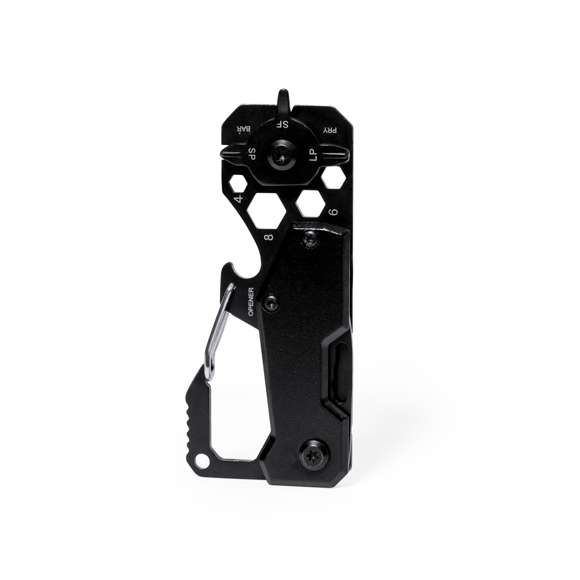 Excelente multiherramienta fabricada en aluminio y acero inox con acabado en color negro. Incluye 13 funciones diferentes: llave para tuercas hexagonales en varios tamaños, mosquetón, abrelatas, regla, rasqueta, cuchillo, destornilladores planos y philips. Presentada en caja de diseño kraft.