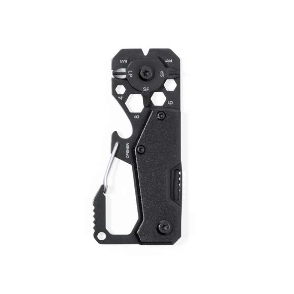 Excelente multiherramienta fabricada en aluminio y acero inox con acabado en color negro. Incluye 13 funciones diferentes: llave para tuercas hexagonales en varios tamaños, mosquetón, abrelatas, regla, rasqueta, cuchillo, destornilladores planos y philips. Presentada en caja de diseño kraft.