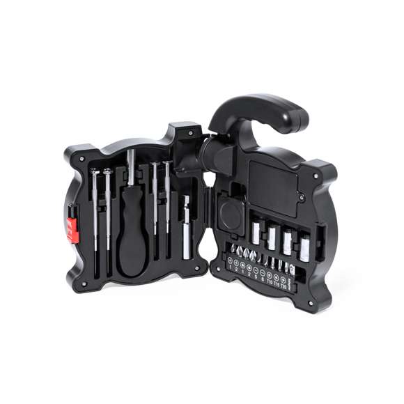 Set de herramientas en estuche de ABS con linterna incorporada y mango ergonómico, provisto con 4 Leds alimentados por 3 pilas AAA (no incluidas). Dispone de 21 accesorios en su interior: destornilladores de precisión (planos y philips), mango multifunción para cabezales compatibles (philips, planos, estrella, adaptador), llaves de tubo y flexómetro. Presentado en caja de diseño kraft.
