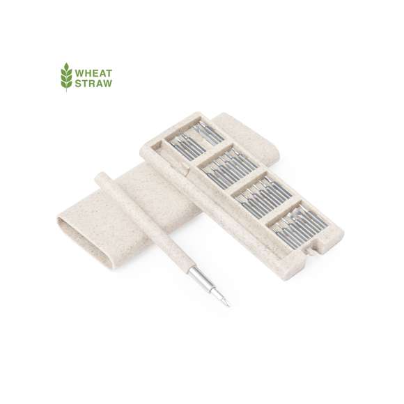 Práctico set de herramientas fabricado en caña de trigo y troquelado interior para un perfecto ajuste. Incluye un destornillador de precisión con 24 accesorios, compuesto por diversas puntas: philips, allen y planas. Con logotipo caña de trigo incluido. Presentado individualmente en caja de diseño kraft. La caña de trigo fomenta la utilización de materias primas naturales, reduciendo así las emisiones contaminantes.