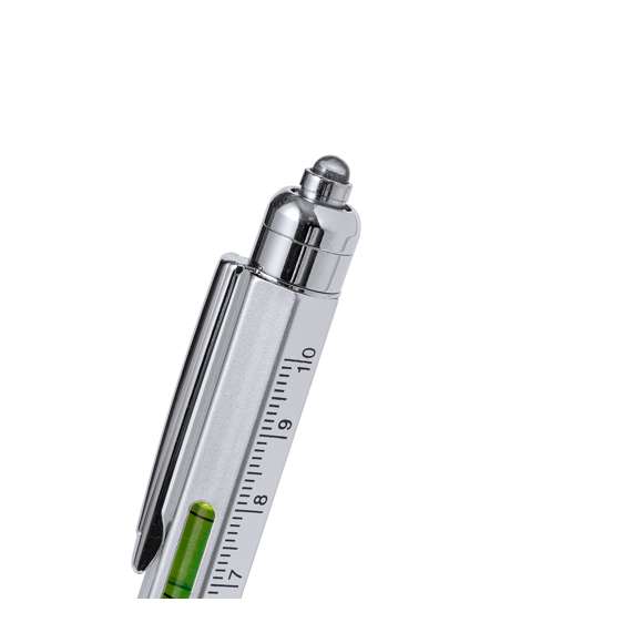Bolígrafo multifunción 8 en 1 de mecanismo giratorio, fabricado en acero inox. Incluye regla en cm y pulgadas, nivel, abridor, 1 LED alimentado por pila de botón (incluida), puntero, punta plana y philips. Con clip metálico y tinta azul. Presentado individualmente en caja de diseño kraft.