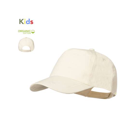 Gorra para niño de 5 paneles en 100% Algodón Orgánico. Cierre ajustable de velcro de color natural. Etiqueta en interior con logo Algodón Orgánico.