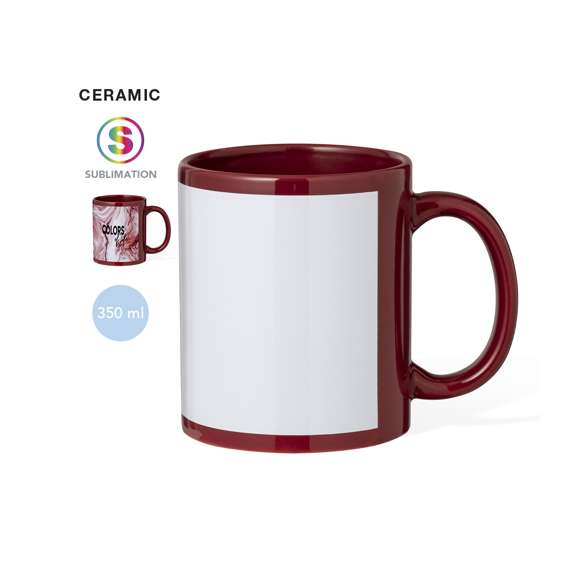 Taza de cerámica de 350 ml. Disponible en diversos colores, con zona especial de marcaje para sublimación alrededor de la taza. Presentada individualmente en caja kraft.