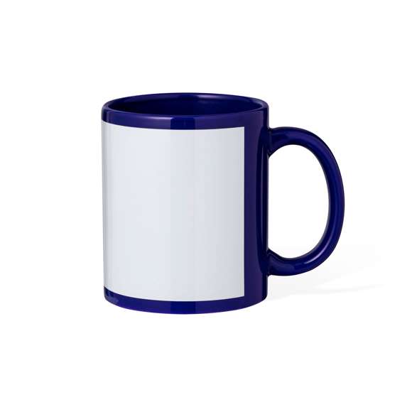 Taza de cerámica de 350 ml. Disponible en diversos colores, con zona especial de marcaje para sublimación alrededor de la taza. Presentada individualmente en caja kraft.