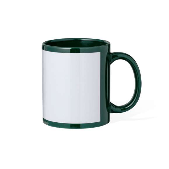 Taza de cerámica de 350 ml. Disponible en diversos colores, con zona especial de marcaje para sublimación alrededor de la taza. Presentada individualmente en caja kraft.