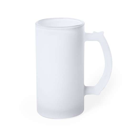 Jarra de cristal de acabado mate. De 500 ml de capacidad y con cómoda asa. Especialmente diseñada para la sublimación. Apta para microondas y presentada en caja individual kraft.
