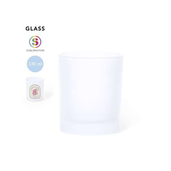 Vaso de cristal de acabado mate de 330 ml de capacidad. Especialmente diseñado para la sublimación y presentado en caja individual kraft.