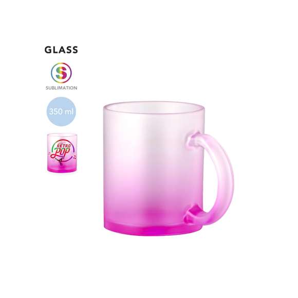 Taza de cristal de acabado mate de 350 ml de capacidad. Especialmente diseñada para la sublimación. Disponible en diversos y llamativos colores translúcidos y presentada en caja individual kraft.