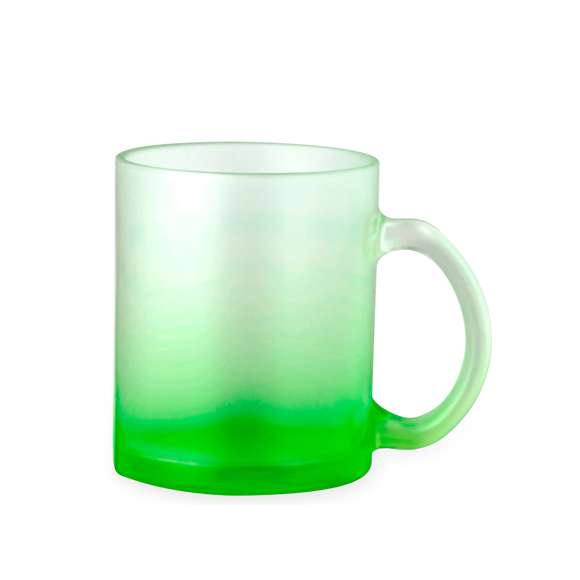 Taza de cristal de acabado mate de 350 ml de capacidad. Especialmente diseñada para la sublimación. Disponible en diversos y llamativos colores translúcidos y presentada en caja individual kraft.