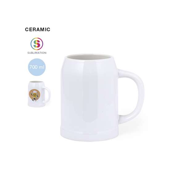 Jarra de cerámica en elegante acabado blanco para los más cerveceros, de 700 ml de capacidad y con cómoda asa. Especialmente diseñada para el marcaje en sublimación y presentada en caja individual kraft.