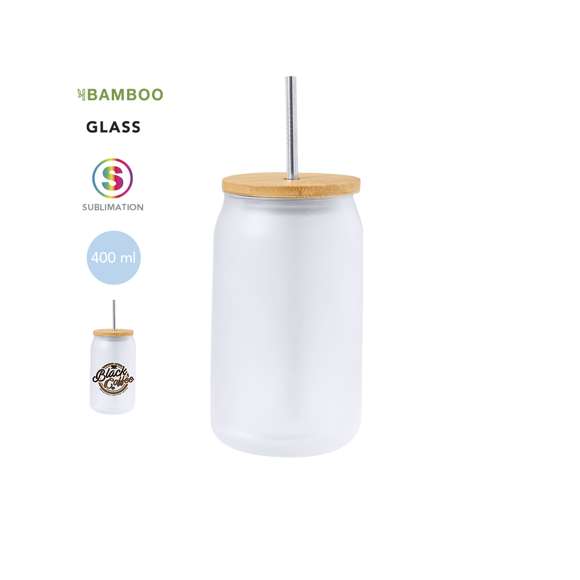 Tarro de sublimación con cuerpo fabricado en resistente cristal mate, con 400 ml de capacidad. Tapa en bambú a presión con orificio para pajita (pajita incluida y fabricada en acero inox). Especialmente diseñada para marcaje en sublimación. Presentada en caja individual kraft.