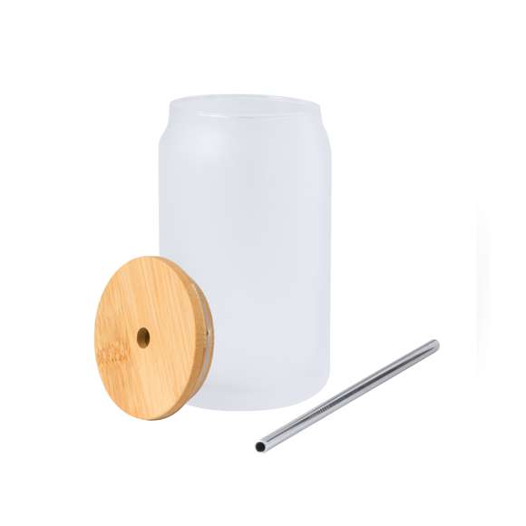 Tarro de sublimación con cuerpo fabricado en resistente cristal mate, con 400 ml de capacidad. Tapa en bambú a presión con orificio para pajita (pajita incluida y fabricada en acero inox). Especialmente diseñada para marcaje en sublimación. Presentada en caja individual kraft.