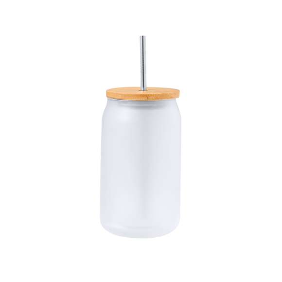 Tarro de sublimación con cuerpo fabricado en resistente cristal mate, con 400 ml de capacidad. Tapa en bambú a presión con orificio para pajita (pajita incluida y fabricada en acero inox). Especialmente diseñada para marcaje en sublimación. Presentada en caja individual kraft.