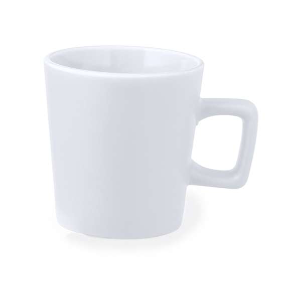 Taza de cerámica con 300 ml de capacidad. Distinguido diseño con asa cuadrada y en diversos colores mate. Presentada en caja individual acabado kraft.