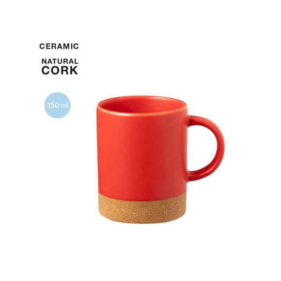 Taza de cerámica con 350 ml de capacidad. Distinguido diseño en combinación de cerámica con corcho, disponible en variada gama de colores mate. Presentada en caja individual acabado kraft.Elaborado con elementos vegetales para así fomentar la utilización de materias primas naturales y reducir las emisiones contaminantes.