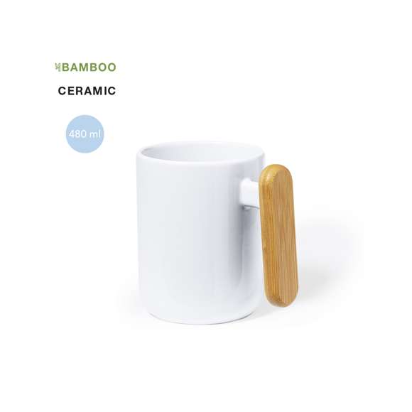 Taza de cerámica de 480 ml de capacidad, en elegante color blanco. Distinguido diseño en combinación cerámica con asa de bambú. Presentada en caja individual acabado kraft.Materiales como el bambú fomentan la utilización de materias primas naturales, reduciendo las emisiones contaminantes. Proviene de una planta de gran resistencia y versatilidad, con crecimiento y regeneración rápidos, siendo una excelente alternativa al uso de madera tradicional.