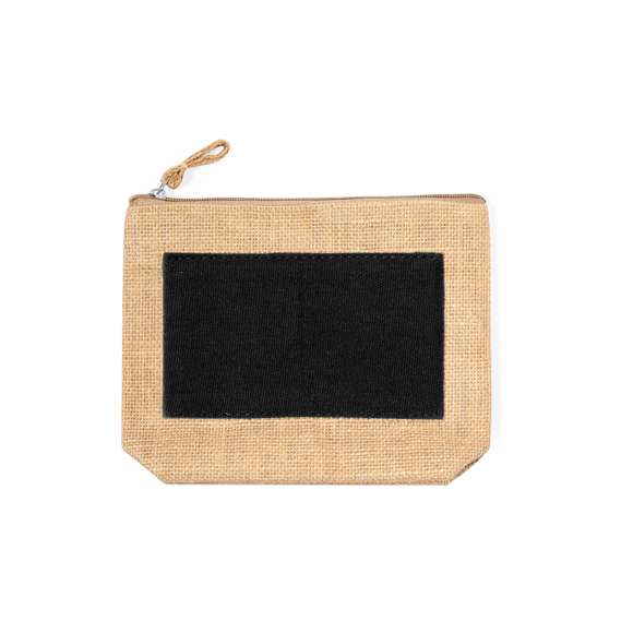Neceser multiusos en combinación de yute laminado y algodón natural. Con cierre de cremallera y tirador en yute a juego. Parte central de algodón en variados colores.