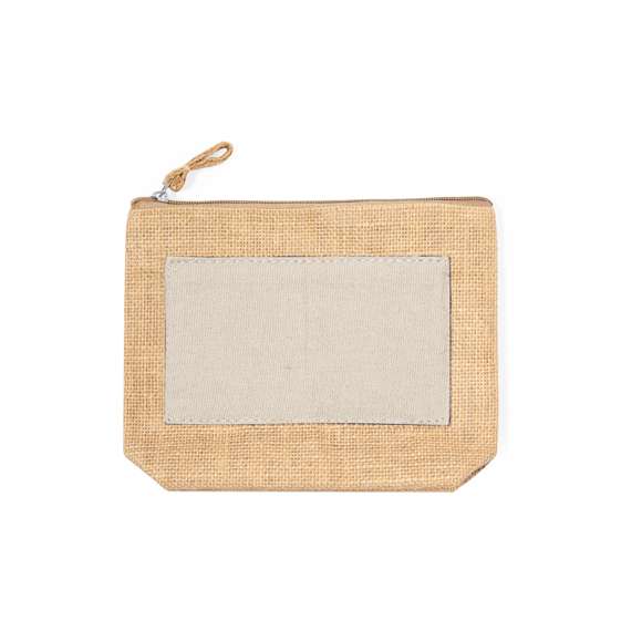 Neceser multiusos en combinación de yute laminado y algodón natural. Con cierre de cremallera y tirador en yute a juego. Parte central de algodón en variados colores.