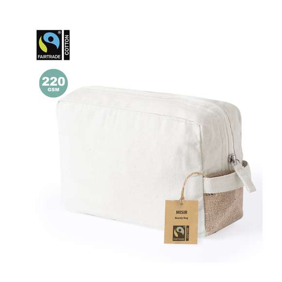 Neceser Fairtrade de línea nature, fabricado en algodón 100%. Compartimento principal con cierre de cremallera y tirador a juego, con laterales y base reforzados en yute. En elegante tono natural. Incluida etiqueta Fairtrade y etiqueta con logotipo en cartón reciclado.Con certificación Fairtrade (Comercio Justo), un sistema comercial solidario y alternativo al convencional que persigue el desarrollo de los pueblos y la lucha contra la pobreza.