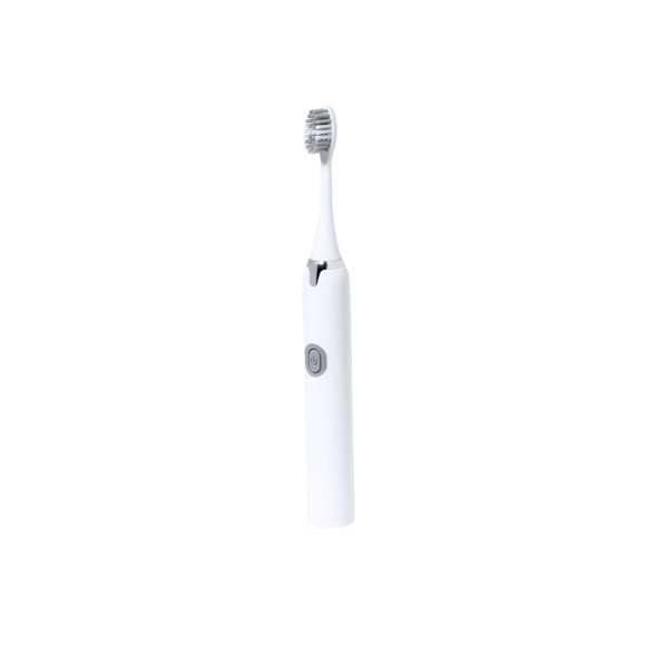Práctico cepillo de dientes portátil eléctrico. Eficiente limpieza gracias a su función de vibración y a sus agradables cerdas. Funciona con 1 pilas AA (no incluida) introducidas por la base. En color blanco y plateado, presentado en una caja de diseño kraft.