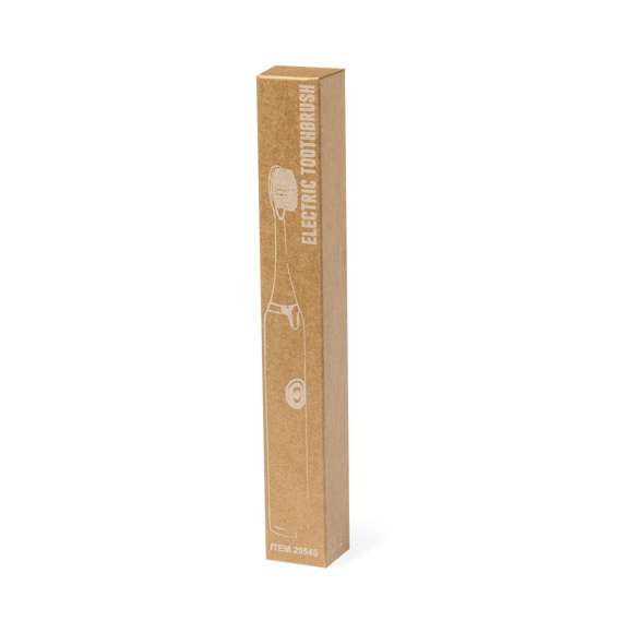 Práctico cepillo de dientes portátil eléctrico. Eficiente limpieza gracias a su función de vibración y a sus agradables cerdas. Funciona con 1 pilas AA (no incluida) introducidas por la base. En color blanco y plateado, presentado en una caja de diseño kraft.