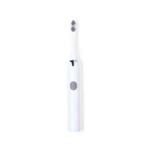 Práctico cepillo de dientes portátil eléctrico. Eficiente limpieza gracias a su función de vibración y a sus agradables cerdas. Funciona con 1 pilas AA (no incluida) introducidas por la base. En color blanco y plateado, presentado en una caja de diseño kraft.
