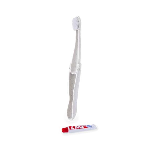 Práctico cepillo de dientes plegable fabricado en resistente caña de trigo. Incluye compartimento para guardar un tubo de pasta de dientes de 6g (incluido).La caña de trigo fomenta la utilización de materias primas naturales, reduciendo así las emisiones contaminantes.