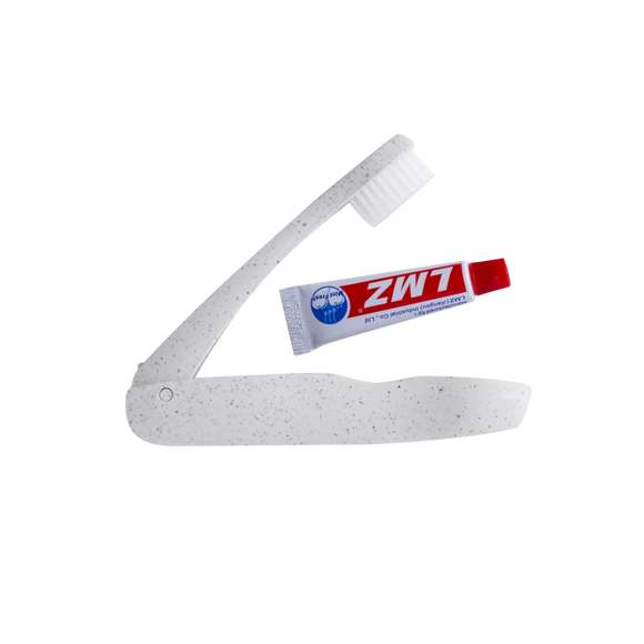 Práctico cepillo de dientes plegable fabricado en resistente caña de trigo. Incluye compartimento para guardar un tubo de pasta de dientes de 6g (incluido).La caña de trigo fomenta la utilización de materias primas naturales, reduciendo así las emisiones contaminantes.