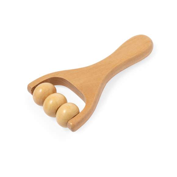 Masajeador elaborado en madera natural. Diseñado para proporcionar alivio y bienestar. Su empuñadura ergonómica garantiza un manejo cómodo, mientras que sus tres rodillos de madera ofrecen eficiencia y un masaje revitalizante, liberando la tensión muscular. Presentado individualmente en caja de diseño kraft.