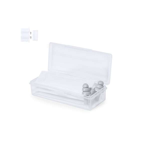 Set de tapones para oído y tiras nasales adhesivas. Práctico kit de descanso provisto de un par de tapones para oídos reutilizables hechos en suave silicona y 5 tiras nasales autoadhesivas, para un alivio inmediato. Presentado en una caja de plástico transparente.