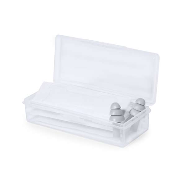 Set de tapones para oído y tiras nasales adhesivas. Práctico kit de descanso provisto de un par de tapones para oídos reutilizables hechos en suave silicona y 5 tiras nasales autoadhesivas, para un alivio inmediato. Presentado en una caja de plástico transparente.