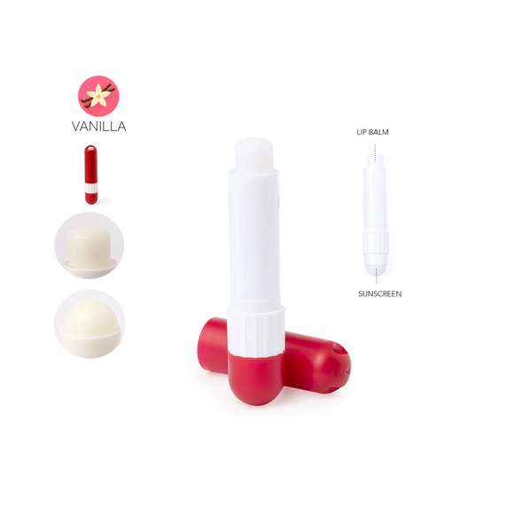 Set de bálsamo labial y protector solar. Práctico complemento con doble función y cómodo de transportar por su tamaño. Un extremo con bálsamo labial SPF15 y el otro extremo con protector solar SPF30 de agradable aroma a vainilla. Dermatológicamente testado y disponible en variada gama de colores. Presentado individualmente en una bolsa reciclada.