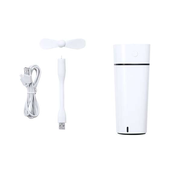Humidificador elegante y decorativo con una capacidad de 240 ml. Además, cuenta con luces LED con dos posiciones de iluminación (fija e intermitente). Incluye un práctico cable de alimentación USB. Presentado individualmente en caja de diseño kraft.