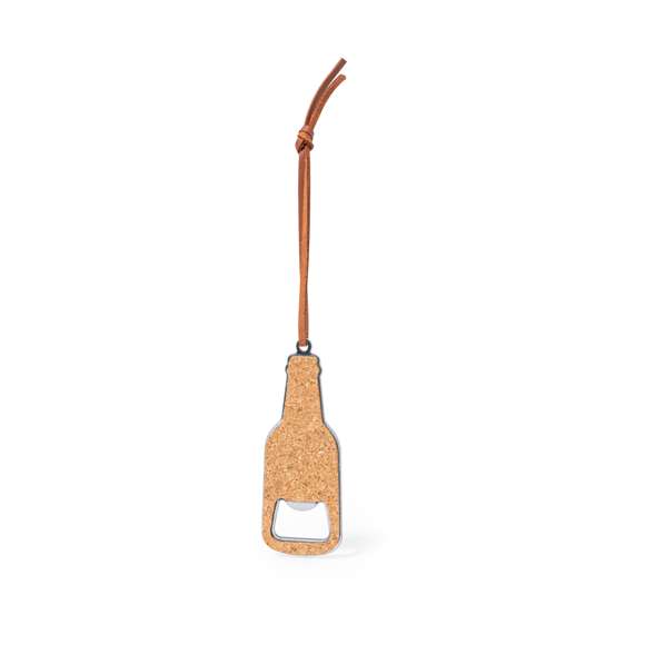 Abridor de botellas fabricado en corcho, adoptando la forma de un botellín. Su diseño incluye un cordón práctico que facilita su transporte y la opción de colgarlo cómodamente. Presentado individualmente en bolsa de papel reciclado.Elaborado con elementos vegetales para así fomentar la utilización de materias primas naturales y reducir las emisiones contaminantes.