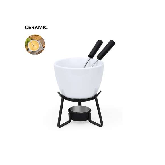Fabulosa fondue fabricada en cerámica y metal. Incluye cuenco de cerámica, una base de metal y dos tenedores metálicos. Permite mantener la comida caliente o preparar platos exquisitos en cualquier lugar al colocar una vela en la base para calentar el cuenco. Presentada en caja individual.