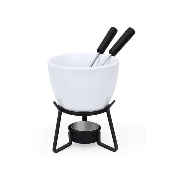 Fabulosa fondue fabricada en cerámica y metal. Incluye cuenco de cerámica, una base de metal y dos tenedores metálicos. Permite mantener la comida caliente o preparar platos exquisitos en cualquier lugar al colocar una vela en la base para calentar el cuenco. Presentada en caja individual.