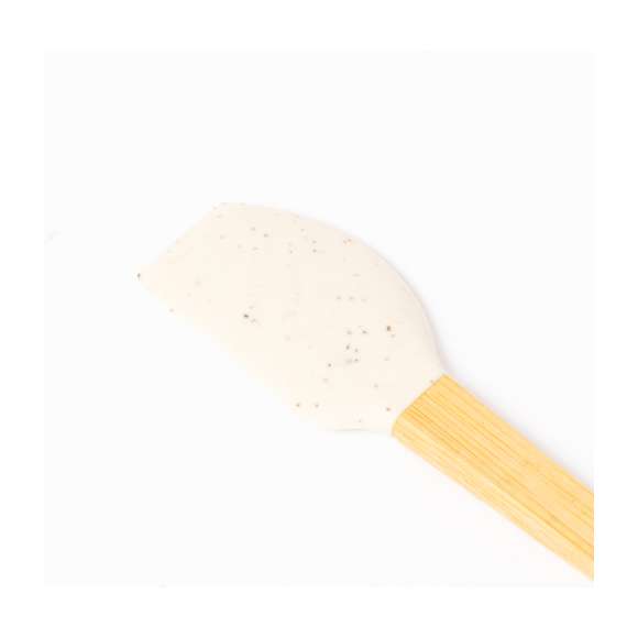 Paleta de cocina con extremo de silicona y atractivo color natural. Su mango, fabricado en bambú, proporciona comodidad. Presentado en bolsa individual de papel reciclada.