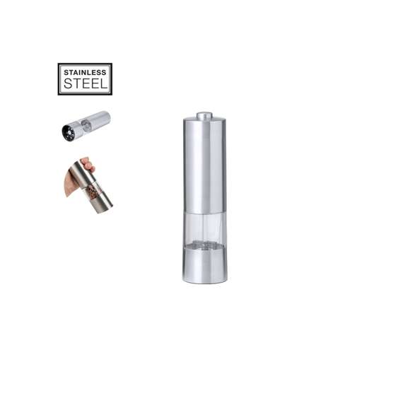 Molinillo eléctrico para sal y pimienta en acero inox. Ideal para agregar la especia más deseada en compartimento de 70 ml, condimentando al pulsar el botón superior pudiendo ajustar el tamaño del grano. Equipado con una ventana para visualizar la cantidad de especia que queda y con luz LED. Alimentado por 4 pilas AAA (no incluidas) y presentada en caja de diseño kraft.