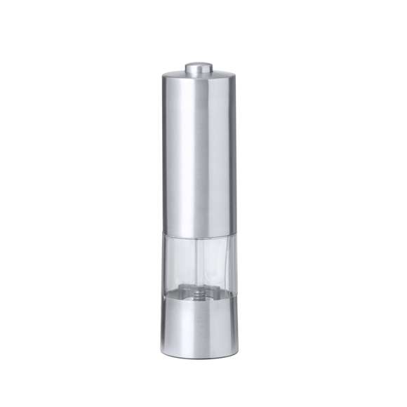 Molinillo eléctrico para sal y pimienta en acero inox. Ideal para agregar la especia más deseada en compartimento de 70 ml, condimentando al pulsar el botón superior pudiendo ajustar el tamaño del grano. Equipado con una ventana para visualizar la cantidad de especia que queda y con luz LED. Alimentado por 4 pilas AAA (no incluidas) y presentada en caja de diseño kraft.