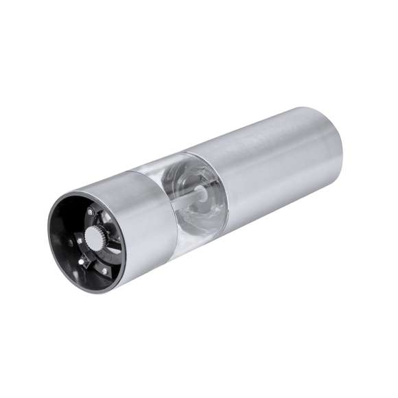 Molinillo eléctrico para sal y pimienta en acero inox. Ideal para agregar la especia más deseada en compartimento de 70 ml, condimentando al pulsar el botón superior pudiendo ajustar el tamaño del grano. Equipado con una ventana para visualizar la cantidad de especia que queda y con luz LED. Alimentado por 4 pilas AAA (no incluidas) y presentada en caja de diseño kraft.